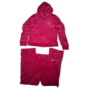 Juicy Couture Tracksuit Set Jacket Pants Women XL Pink Velour Y2K Bling Wide Leg